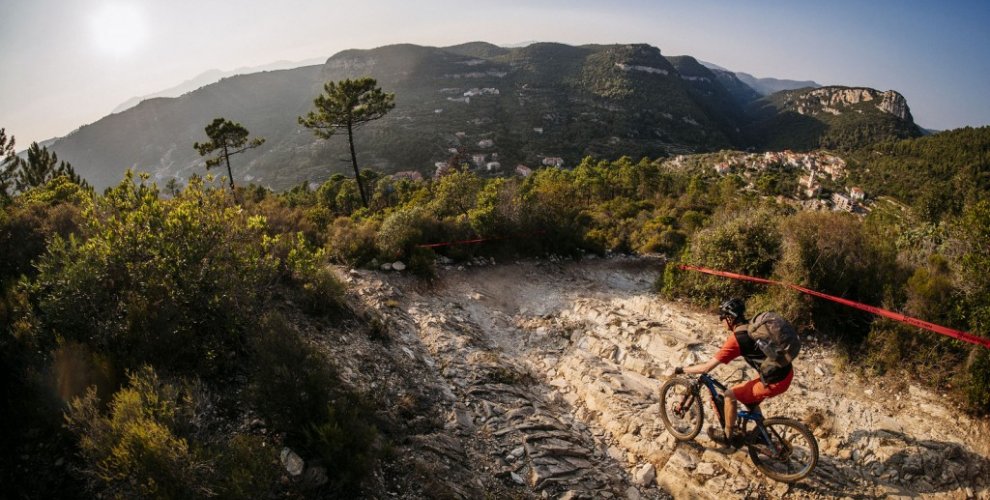 Riding a rocky trail in Finale Ligure