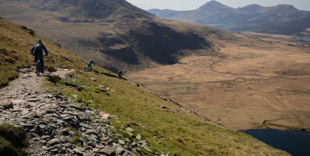 Mountain bike descending Snowdon mountain on mountain bike