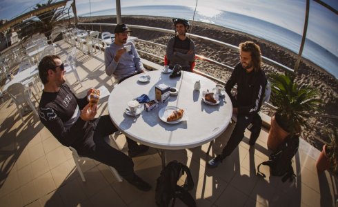 Morning coffee meeting deciding what trails to ride - MTB Beds